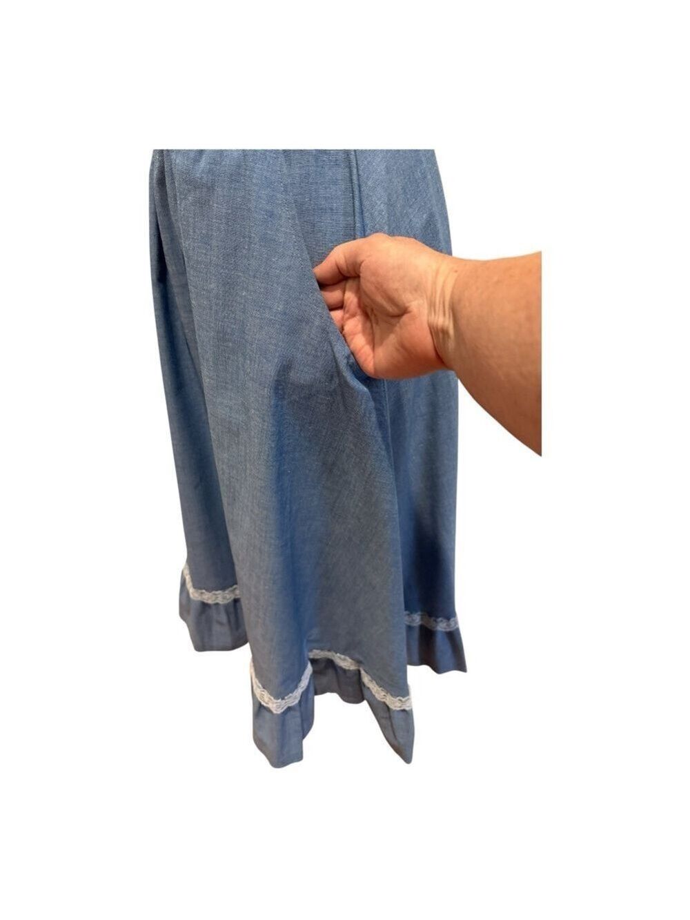 70s RTII COTTON BLUE CHAMBRAY & WHITE LACE COTTAGECORE COWGIRL MIDI SKIRT SZ S - Picture 7 of 8